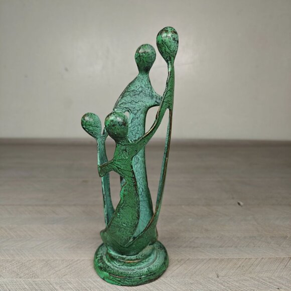 Vintage Abstract Family Sculpture Green Bronze Patina Handmade MCM Statue 9" - Picture 3 of 8